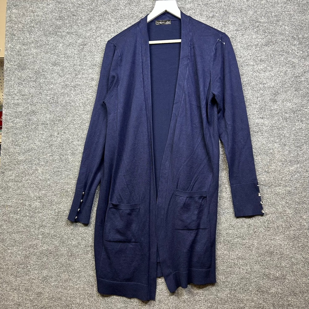 Verve Ami Longline Cardigan Sweater Womens Navy Blue Knit Pockets Open Front - L